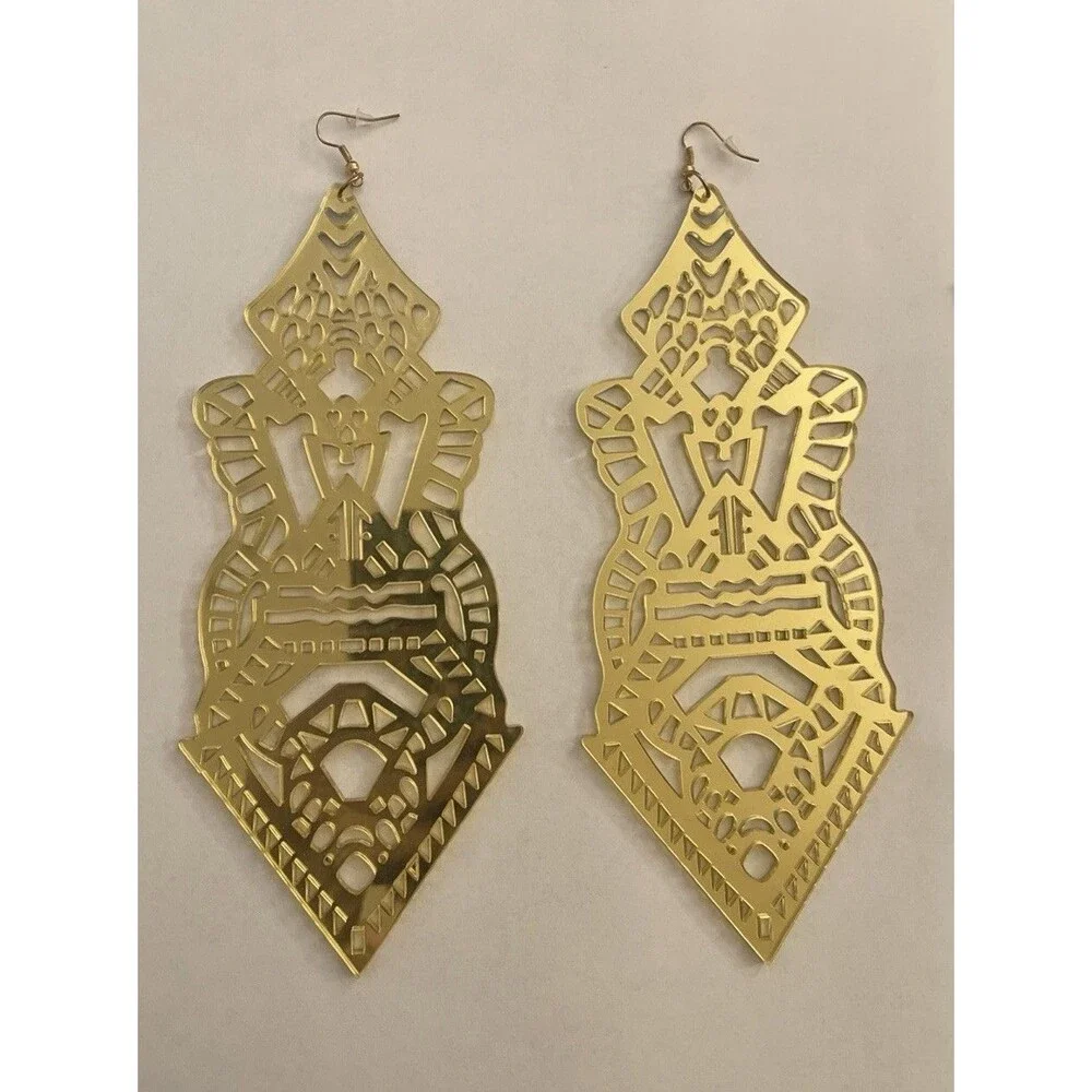 XL Gold Toned Mirror Filigree Earrings Fashion Jewelry Boho Lightweight Acrylic